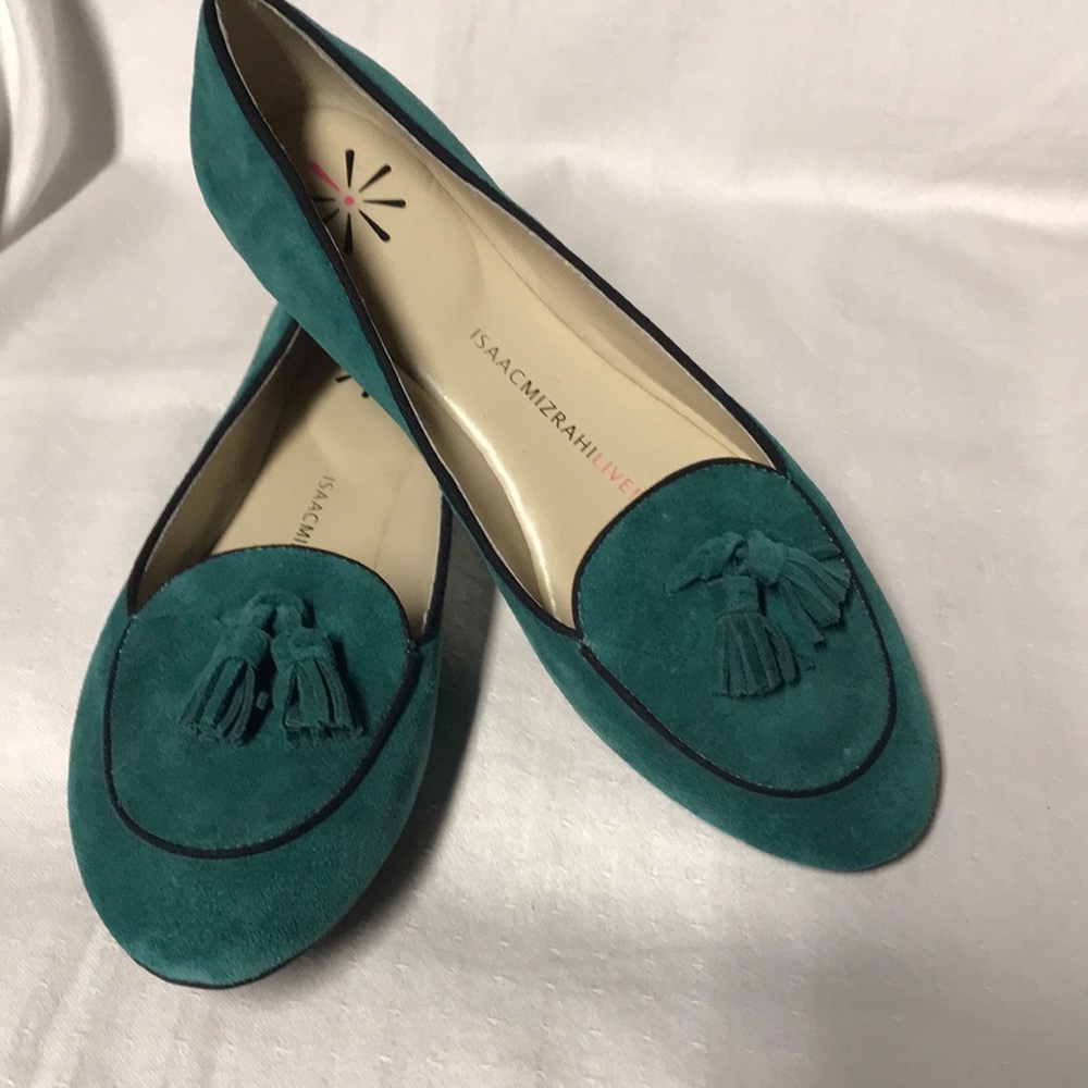 Isaac Mizrahi Teal Green Slip-On Genuine Suede Upper Loafers with Tassels Size 7